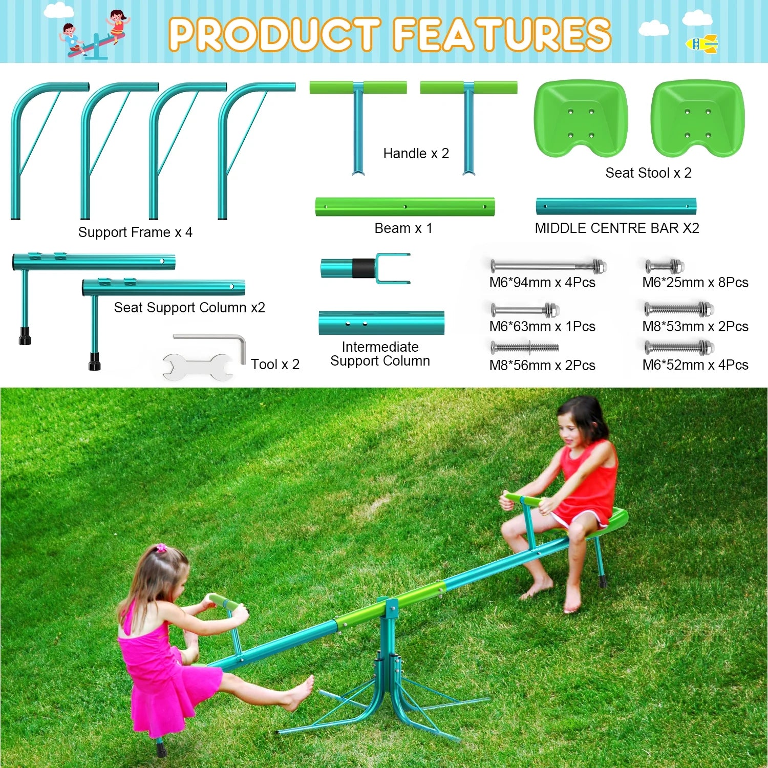 Kids Seesaw, Spinning Teeter Totter, 220Lbs Capacity Kids Outdoor Playground Equipment, Swiveling 360 Degrees Rotating for Kids 3-6