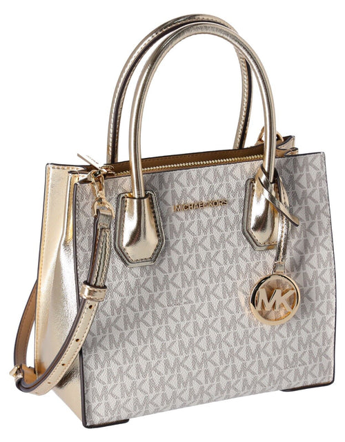 Load image into Gallery viewer, Michael Kors Mercer Medium Vanilla MK Signature Messenger Satchel Bag Pale Gold
