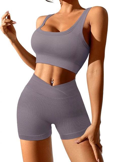 Load image into Gallery viewer, Women 2 Piece Outfits Workout Set Seamless Sport Butt Lifting Shorts Gym Yoga Booty Short Crop Tank Top Tracksuit
