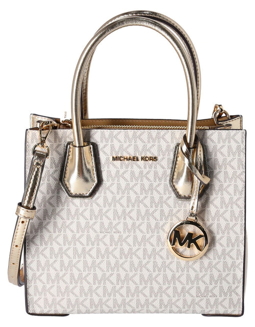 Load image into Gallery viewer, Michael Kors Mercer Medium Vanilla MK Signature Messenger Satchel Bag Pale Gold
