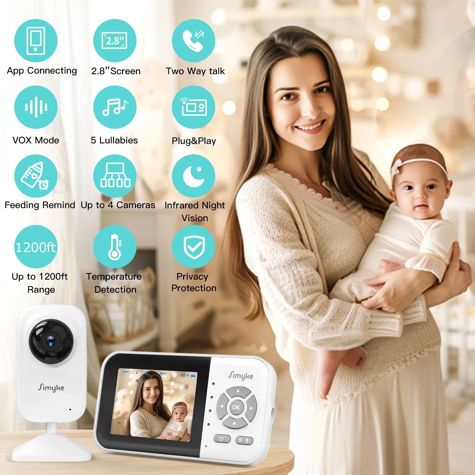 Upgrate Video Baby Monitor,Wifi Baby Camera,2.8" LCD Display and App Control,1200Ft Long Range,2 Way Talk,Auto Night Vision,Sound Alert,Vox,Temperature Sensor 5 Lullabies Feeding Remind