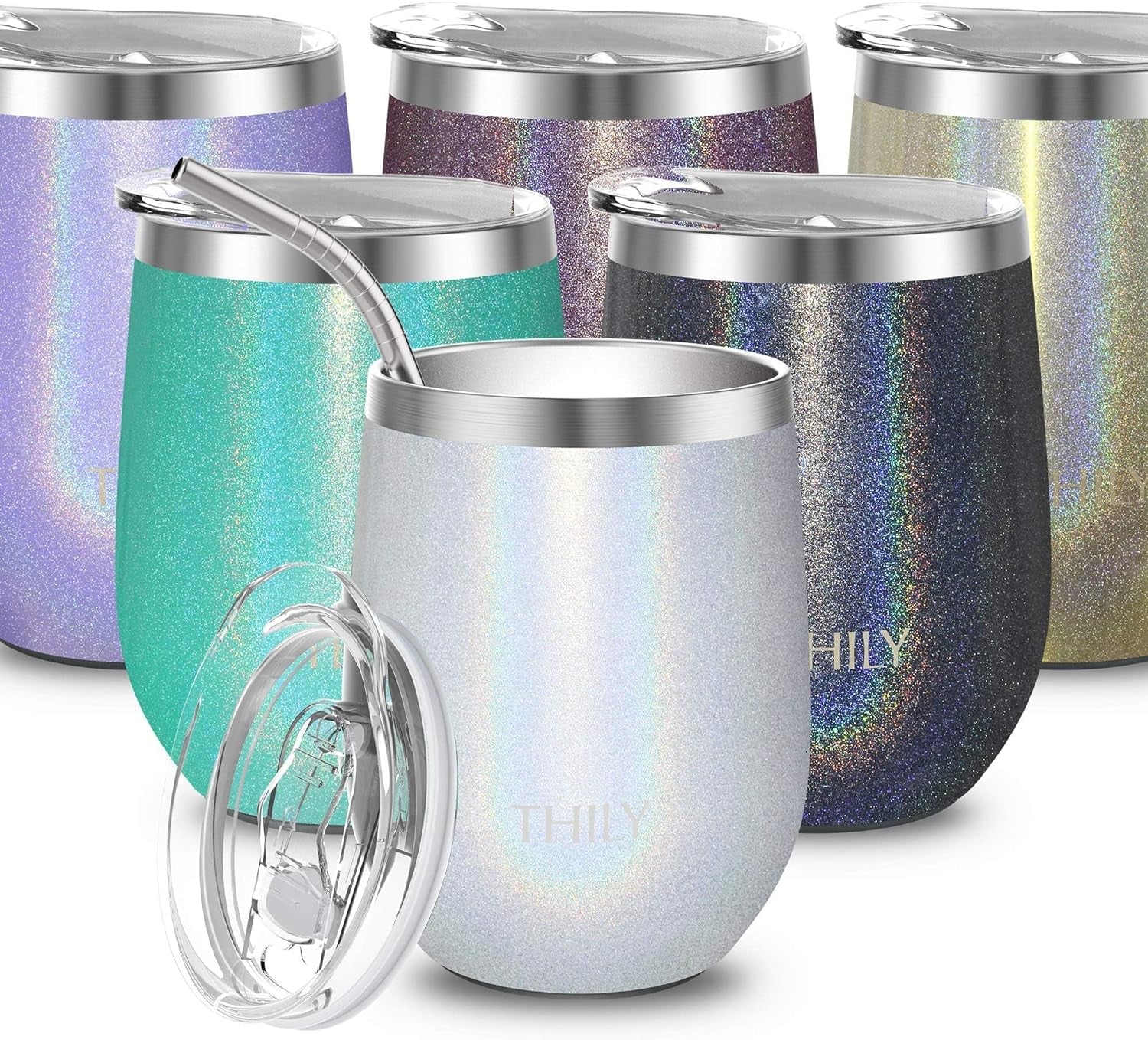 Vacuum Insulated Travel Wine Tumbler Stainless Steel 12 Oz Stemless Wine Glass with Sliding Lid, Reusable Straw, Keep Cold for Cocktail, Beer, Christmas Gifts, Glitter White