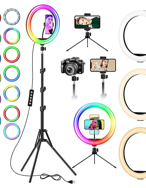 Load image into Gallery viewer, 13&quot; RGB Selfie Ring Light W/ Tripod Stand &amp; Phone Holder 26 Modes 10 Brightness Level 120 LED Bulbs Dimmable Selfie Ringlight for Live Stream Makeup Youtube Video Photography Shooting
