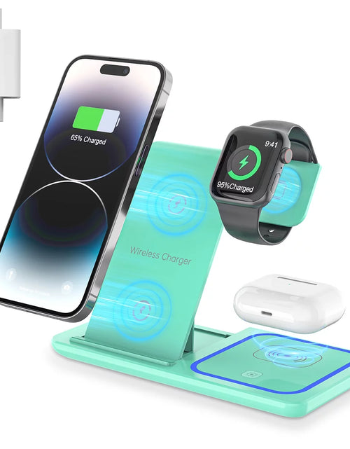 Load image into Gallery viewer, 3 in 1 Wireless Charger, 18W Fast Charging Station for Iphone 15/14/13/12 /11/Pro Max/12 Pro /Xr,Wireless Charging Stand for Iwatch Series SE 9/8/7/6/5/4/3, Airpods Pro/3/2 (With QC3.0 Adapter)
