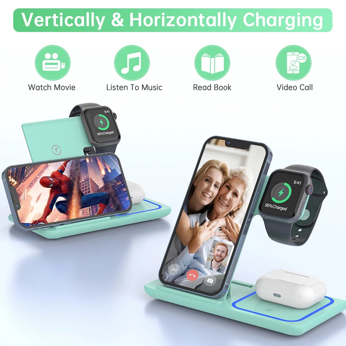 3 in 1 Wireless Charger, 18W Fast Charging Station for Iphone 15/14/13/12 /11/Pro Max/12 Pro /Xr,Wireless Charging Stand for Iwatch Series SE 9/8/7/6/5/4/3, Airpods Pro/3/2 (With QC3.0 Adapter)