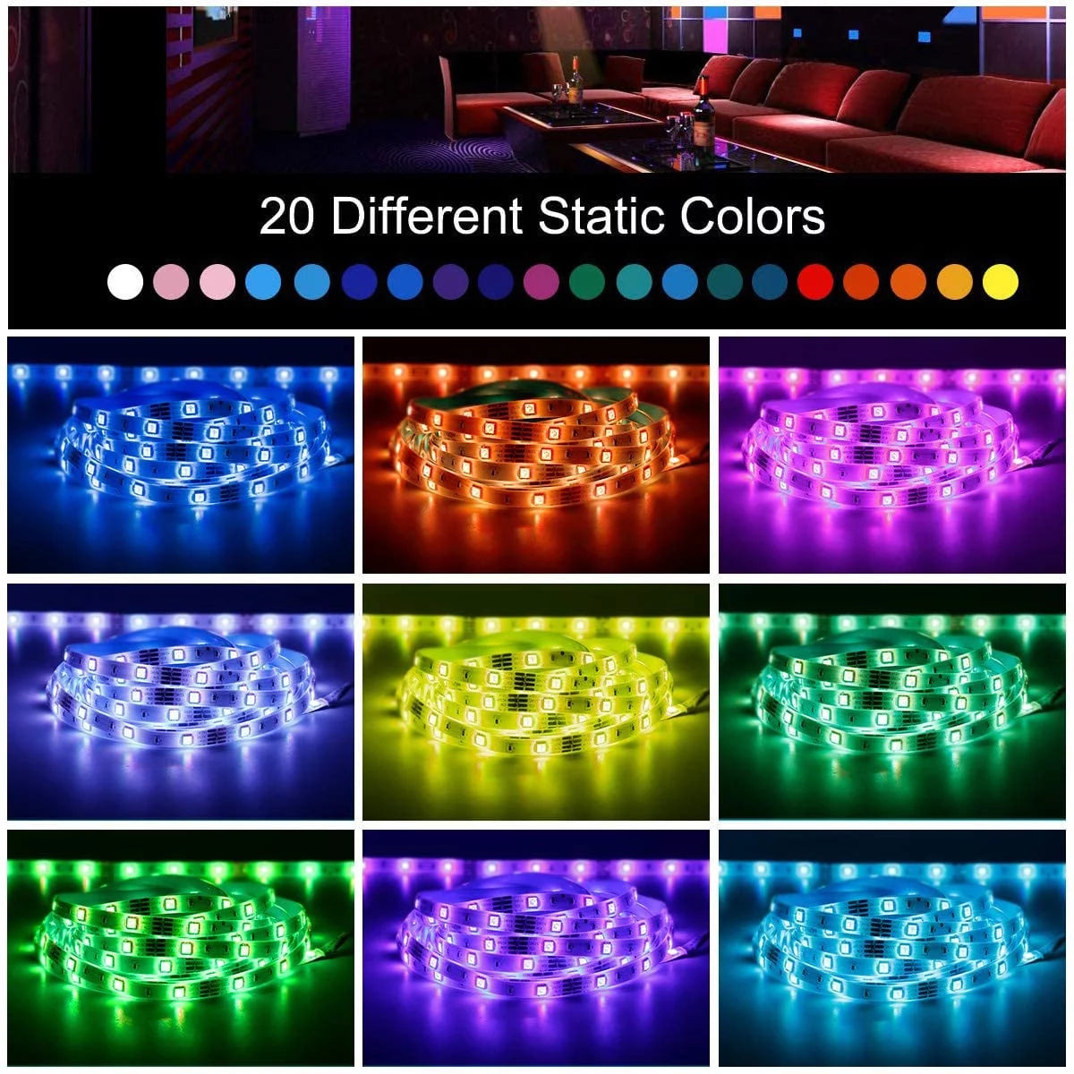 LED Light Strip, 16.4Ft RGB LED Light Strip 5050 LED Tape Lights, Color Changing LED Rope Lights with Remote for Home