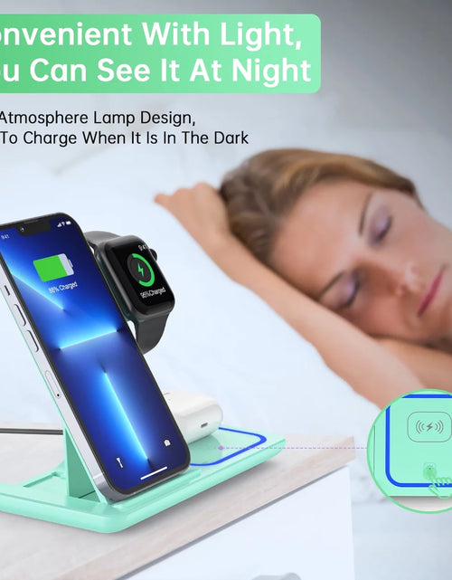 Load image into Gallery viewer, 3 in 1 Wireless Charger, 18W Fast Charging Station for Iphone 15/14/13/12 /11/Pro Max/12 Pro /Xr,Wireless Charging Stand for Iwatch Series SE 9/8/7/6/5/4/3, Airpods Pro/3/2 (With QC3.0 Adapter)
