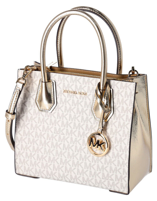 Load image into Gallery viewer, Michael Kors Mercer Medium Vanilla MK Signature Messenger Satchel Bag Pale Gold
