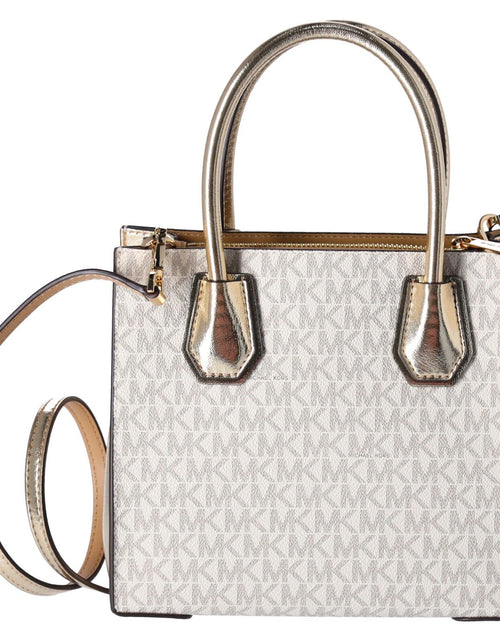 Load image into Gallery viewer, Michael Kors Mercer Medium Vanilla MK Signature Messenger Satchel Bag Pale Gold
