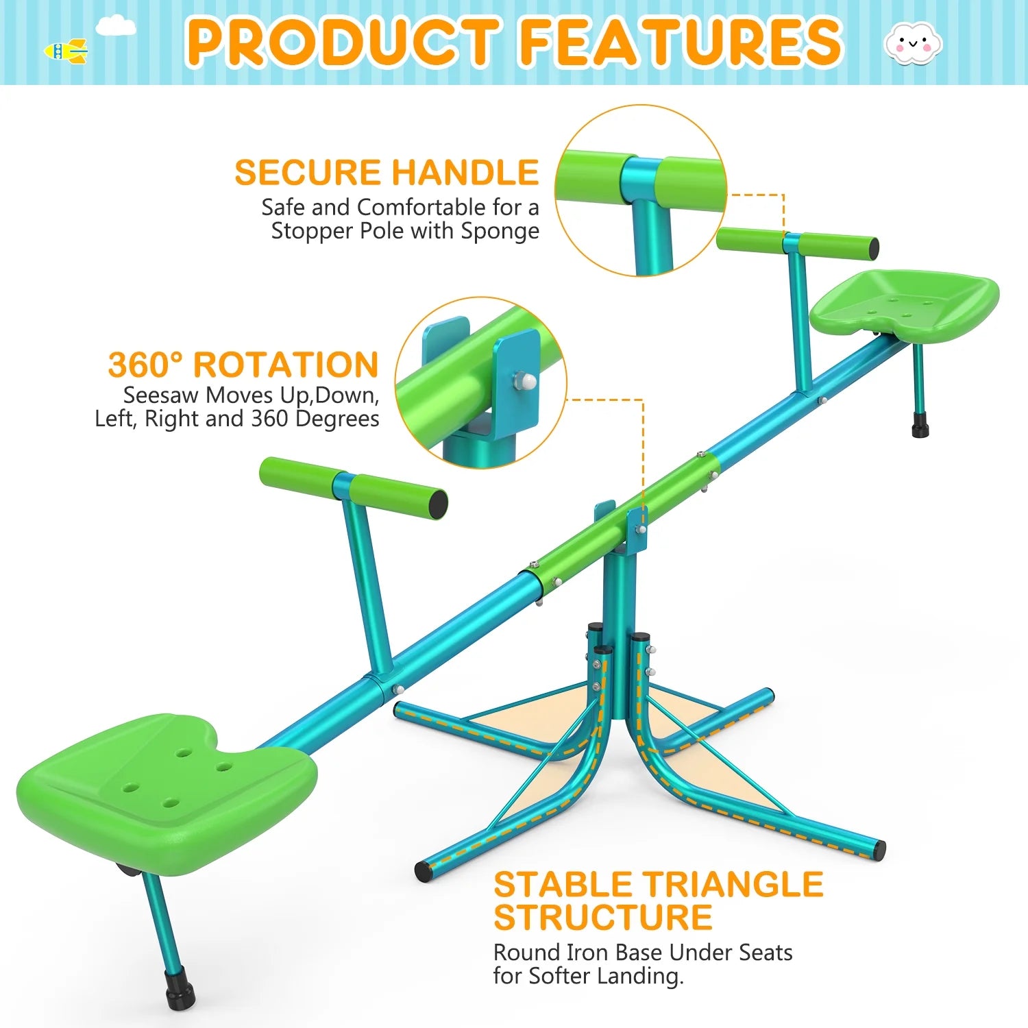 Kids Seesaw, Spinning Teeter Totter, 220Lbs Capacity Kids Outdoor Playground Equipment, Swiveling 360 Degrees Rotating for Kids 3-6